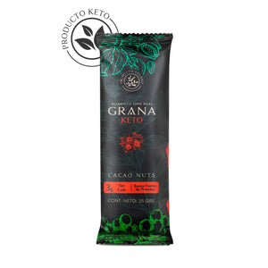 Barra Grana Keto sabor cacao nuts de 35 g, 3 g net carb, vegana y sin azucar anadida