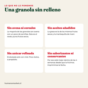 Sin avena ni cereales, sin aceites añadidos, sin azúcar refinada, sin conservantes
