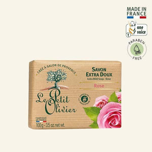 Jabon solido extra suave Le Petit Olivier perfume rosa, barra de 100 g, hecho en Francia