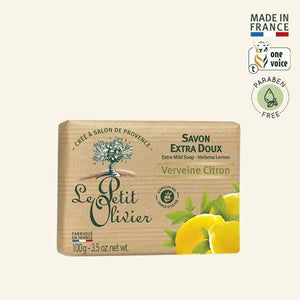 Jabon solido extra suave Le Petit Olivier perfume verbena limon, barra de 100 g, hecho en Francia