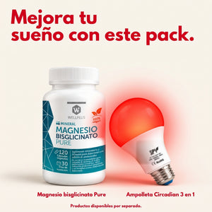 Pack Mejora tu Sueño: magnesio bisglicinato Wellplus y ampolleta Circadian encendida en rojo