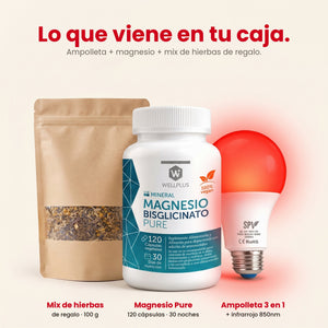 Lo que viene en tu caja: mix de hierbas de regalo, magnesio Pure 120 cápsulas y ampolleta Circadian 3 en 1