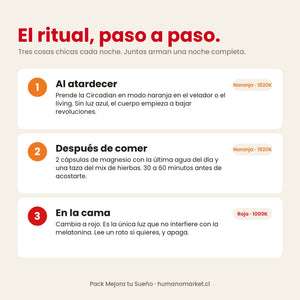 El ritual paso a paso: al atardecer luz naranja, después de comer magnesio e infusión, en la cama luz roja