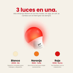 3 luces en una: blanca 4000K, naranja 1820K y roja 1000K, más infrarrojo 850nm