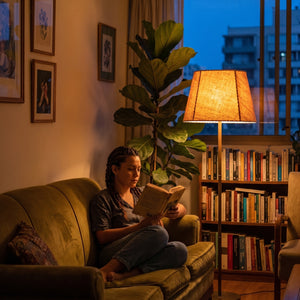 Al atardecer: leyendo en el sofá con la lámpara en luz naranja
