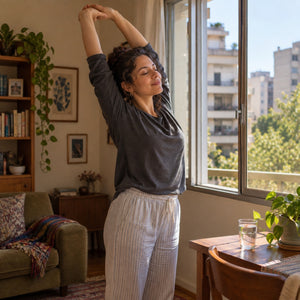 Para recuperar: persona estirándose junto a la ventana en la mañana