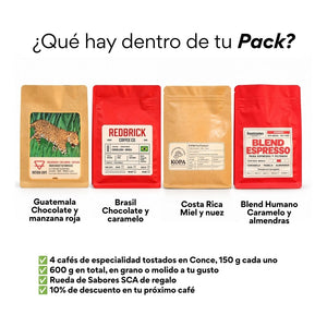 Qué hay dentro del pack: Guatemala, Brasil, Costa Rica y Blend Humano, más la Rueda de Sabores SCA de regalo