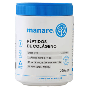 Peptidos de colageno hidrolizado grass fed sin sabor Manare, tipo I y III, tarro de 250 g